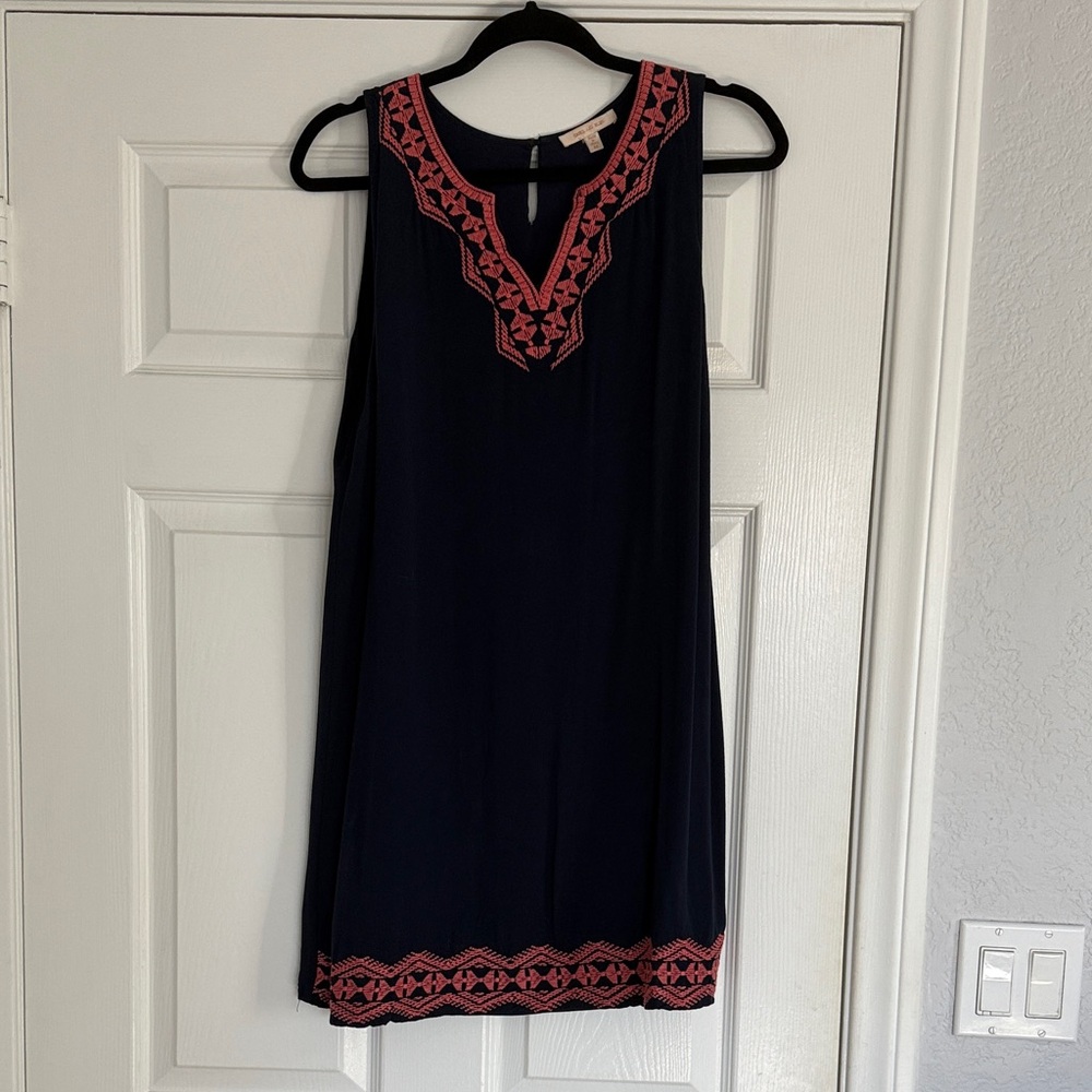 Skies Are Blue Navy and Coral Embroidered Dress